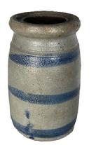 M114 19th century Western Pennsylvania region Wax Sealer canning crock with three wide cobalt blue stripes decorating the front. Circa 1875. Slightly tapered sides with wax sealer rim. Very small hairline to bottom. Measurements: 4 ½ top diameter x 5 1/8 bottom diameter x 8 tall.