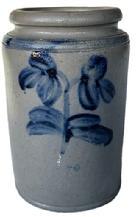 **SOLD** L6 19th century decorated stoneware canning crock by Peter Hermann (1825-1901) of Baltimore, MD. Cylindrical jar with tooled shoulder and rounded rim that features Peter Hermanns signature brushed double-clover Cobalt blue decorations on both sides. A few hairlines visible, otherwise in great condition. Measurements: 8 ¾ tall x 5 ¾ bottom diameter x 4 7/8 top diameter.