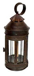 **SOLD** M38 19th century round candle lantern with hinged door that opens freely for access to the sturdy interior candle socket. All solder seams are secure. Lantern is glass and tin construction with a hinged door, conical shaped top bearing a crimped cover and round tin handle with folded edges attached to top. This lantern is unique in that it also has latches securing the bottom that can be released to remove the bottom of the lantern for easy cleaning of the interior glass panels. Measurements: 5 diameter x ~13 ½ tall to top of handle.