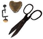 L270 Wonderful group of three sewing related items to include: Large blacksmith made hand forged iron shears (Measurements: ~10 1/4" long x 4 5/8" wide. Center pin is approximately 1" long.) Velvet heart shaped pincushion with hand woven blue and white linsey-woolsey trim encircling the sides. Hand stitched. (Approximate measurements: 3 ¼ wide x 2 thick x 3 tall.) and a 19th century American Sewing Clamp - small sized - forged iron - with very worn velvet covered sawdust pincushion intact. (Measurements: 3 ½ tall not including the finger screw.)