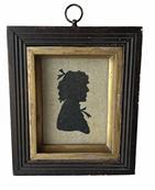 **SOLD** J135 This is a wonderful little all original period portrait 19th century, circa 1820. The silhouette features a Girl sitter in profile view. The silhouette is housed behind old glass in its original stained wood frame complete with its original wood backing  Measurements: 5 3/4" wide x 6 1/2" tall x 1" deep