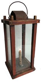 RM1054 Early barn lantern remaining in original red- paint… centering pierced chimney vent; chamfered top, bottom and corner posts …the corner posts mortised to top and bottom Measurements are: 12" tall x 5 1/2" square