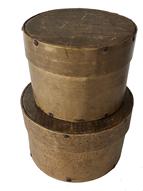 E116 19th century small size pair of Pantry Boxes in old natural patina , the smallest one is 4" diameter x 3" tall the larger one is 5" diameter x 3" tall in good condition with owner name on bottom of each, these two pantry boxes have always been togeather.