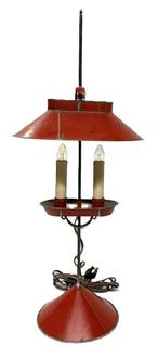 M1127 Jerry Martin tin student lamp with old red paint and adjustable double socket electrified candles resting on a sand-filled conical base. Stamped JM 2014 on bottom of base. (Jeremy "Jerry" Martin of Marietta, PA was a Blacksmith and Tinsmith.) Dated 2014. Overall height is 24" tall. The top shade measures 10" wide x 7" deep. Base is 6 7/8 diameter.