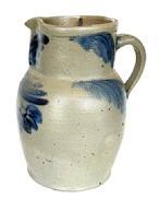 **SOLD** L356 Beautiful Pennsylvania cobalt blue decorated stoneware crock pitcher marked 1 ½ Circa 1870s. Decorated with brushed cobalt swags and a flower on front and the collar is decorated with swags on each side of spout as well as the handle.