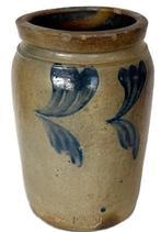L219 Stamped 19th century cobalt blue decorated salt glazed crock by Richard C. Remmey (1835-1904) of Philadelphia, Pennsylvania. The side, near the base, is impressed with the makers stamp: R.C.R. Minor chips to rim, otherwise great condition. Measurements: 6 1/8 x 6 ¼ top diameter x 10 ½ tall.