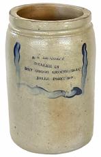 G928 Very rare and unusual Cambridge Maryland Crock S.E. LE COMPT Hills Point MD store advertising stoneware crock. Rare Stoneware Jar with Cobalt Floral Decoration, Baltimore, MD origin, circa 1875,
