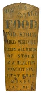 M322 Single sided wooden sign that reads: Horse & Cattle Food For Stock Purely Vegetable Keeps All Kinds Of Stock In A Healthy Condition Best That Money Can Buy. Original green painted letters and edges on a mustard yellow background. Found in Pennsylvania. Measurements: 13 ¼ wide x 78 thick x 35 ¾ tall.
