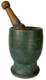 F181 9th Century Mortar and Pestle in Beautiful green Paint This a very solid wood mortar and pestle dating from the mid 1800's. The mortar is in great condition. The paint is old, dry early green paint with darkening around the top where it was handled frequently. It has a nice deep extended base . The pestle has a pronounced knob at the tip and an incised line at the top of the masher. The mortar is 7 1/4 " tall, with pestle 5 "diameter. Wonderful size and proportions with great paint!