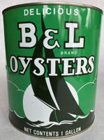 B114B Delicious B & L brand Oyster tin,Bivalve Oyster Packing Co. Chesapeake and Tangier Oysters 1 gallon
