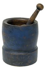 **SOLD** M285 19th century original blue painted Mortar and Pestle. Each part is turned from one solid piece of wood. The interior of the mortar retains wonderful natural patina. Very sturdy with good weight. The Mortar measures 7 ¼ tall x 6 ½ diameter bottom with a 2 ¼ wide band with molded edge around the bottom before the sides curve around the bowl and taper back to a 6 1/8 diameter top with a rim that measures 5/8 thick. Pestle appears to be original to the mortar and measures 8 ½ long with remnants of blue paint and significant wear indicative of years of use.