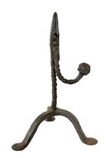 **SOLD** L113 Rare, diminutive 18th century American twisted wrought iron rush light with arched tripod base resting on hand forged padded feet. A faceted iron finial acts as the counterbalance to hold the rush grips tight. Great original surface. Sturdy, sits level and is in wonderful working condition. Approximate measurements: 8 tall and ~ 5 ¼ across feet.