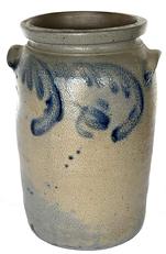 O538 Large cylindrical Crock with ears and cobalt decoration. Stamped '3'. Measurements: 8" diameter (top opening) x 8 3/8" diameter (bottom) x 14 5/8" tall