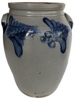 E386 Pennslyvania large crock jug with applied handles, A very impressive stamped three gallon Stoneware Crock, decorated with a motif design all arounf top . A sweeping pattern of brushed designs enhances this rare oversize vessel – it measures 14 1/4" tall x 10" diameter