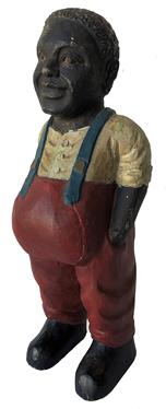 E551 Great piece of American Folk Art, Black Americana Wood Carving, incredible hand carved detail on this young black boy wearing red pants with white shirt all wood . measures 23” tall 9” wide 8” deep