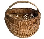 **SOLD** M222 Fantastic, early, tightly hand-woven miniature oak splint egg / buttocks basket boasting woven details at the junctures of the two main ribs as well as along the bottom center of the basket. Retains original aged, natural patina surface. Great size and condition! Measurements: 5 diameter x 3 ¼ tall (sides) x 5 tall (including handle).