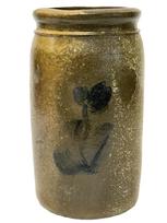 M245 Cobalt decorated stoneware wax sealer crock possibly of Virginia origin featuring straight sides with slightly tooled shoulder and wax sealer rim constructed of dark clay with a hand painted cobalt blue tulip on opposite sides. Circa 1870s. Measurements: 4 ½ diameter x 8 ½ tall.