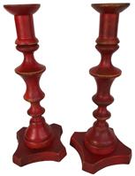 **SOLD** RM1072- Wonderful pair of PA Folk Art wooden turned candlesticks in old red paint. Measurements: 10 1/2” tall, bases are 4 1/2” across, tops are 2”diameter