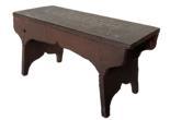 RM1309 Late 19th century miniature wooden stool with decorative cut out apron and splayed legs in Spanish red paint. Circa 1890s.