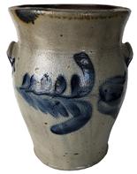 P485 Philadelphia Cobalt decorated Stoneware Cream Jar circa 1870 decorated with bright cobalt design, applied handles with cobalt decoration Measurements are: 10 1/2' tall