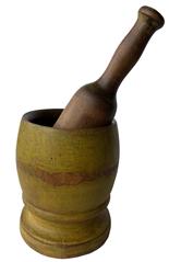 RM1047 19th century original yellow painted mortar and pestle, It is thick walled, with a nicely turned base, no breaks or cracks. The pestle, which appears to be original to the mortar,. has the original yellow also , Excellent condition