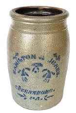 K1615 19th century Pennsylvania stoneware crock with Hamilton & Jones Greensboro, PA stenciled in Cobalt blue on the front. Great condition, no visible cracks. Measurements: 6 diameter x 10 tall.
