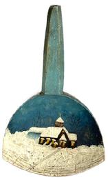 M112a 19th century painted wooden butter paddle depicting a dark sky with a Church in the snow with glowing windows and a fence in the forefront. Original hand painted surface with textured details to the paint in the scene and a blue handle on the front side with pale pink painted surface on the reverse. Evidence of a re-glued spot along the bottom edge. Measurements: 9 ¼ long x 5 ¾ wide x ~1 ¼ thick.