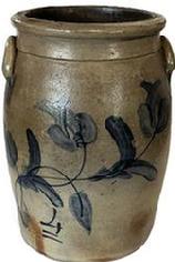 **SOLD** K1620 19th century Pennsylvania 4 gallon Cobalt Blue Decorated Crock attributed to Remmey. The front is decorated with brushed cobalt Tulip style flowers with cobalt brush work decorating the collar and where handle is attached. Hand painted cobalt 4 is painted at bottom of the front. Measurements: 9 ¼ top diameter x 15" tall.