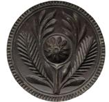 E38 19th century Butter stamp two large leaves flanking the leaves of the sunflower.from Pennsylvania, . It has a wonderful bulbous handle, and you can see the hole where the piece was turned on a lathe. measuring about 4 3/4" in diameter and 3 1/2" long..