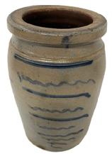 **SOLD** M261 19th century Western Pennsylvania region Wax Sealer canning crock with TEN cobalt blue stripes decorating the front. Circa 1875. Cobalt stripes alternate with straight and squiggly lines which adds to the visual appeal of this crock. Slightly tapered shoulder with beaded edge and a flat wax sealer rim. From a collection in Chambersburg, PA. Measurements: 5 ¾ top diameter x 6 bottom diameter x 10 tall.