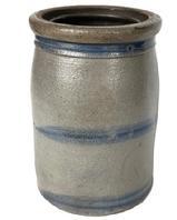 **SOLD** G94 19th century Western Pennsylvania stoneware striper canning crock with three cobalt bands. Measurements: 5 ¼ top diameter x 8" tall. The opening is 3 ¼ diameter.