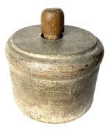 M17 Original grey painted butter press / mold / stamp depicting hand-carved Cow with sprig of pine and geometric shapes encircled with a series of carved rings. Solid wood with great patina. Measurements: 4 5/8 outside diameter x 3 ½ tall (excluding handle).