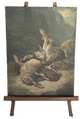 K1801 Fantastic, exceptionally detailed miniature Oil Painting of Dead Game and Birds. Oil on canvas that has been mounted onto a solid wooden board with a chamfered back. Signed by the artist in the very tip of lower right corner. Small wooden easel included for display purposes. Measurements: 5 ¾” wide x 3/8” thick x 7 ¾” tall.