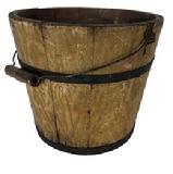 D463 Paint Decorated Bucket mustard grinning design over sage background, wire swing handle with wood grip, wire bands