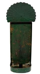 **SOLD** M238C 19th century hanging tin wall Sconce bearing an early green painted surface with wonderful rounded, fan-shaped, crimped and fluted top, wide back and deep demilune dish. Very unusual size and form with finely folded edges and a wire hook on back for hanging. Solder joints are secure. Sconce retains wonderful patina to its surface. Measurements: 8 wide (top) x 6 wide (back) x 4 ½ deep x 18 ¼ tall.