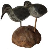 E331 Early 20th century pair of Shore Bird rig mates found New Jersey , one is flat body and the other is a full body, mounted in a piece of driftwood Measurements are: 8" tall x 9" long