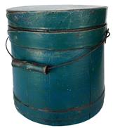 RM1100 Small 19th century New England blue painted wooden Firkin, the sides and top are surrounded by a simple overlapping bent wood bands, secured by small copper tacks.
