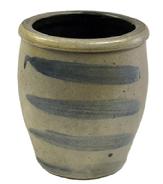 M310 19th century Western Pennsylvania region Wax Sealer canning crock with four (4) cobalt blue stripes decorating the front. Circa 1875. Slightly tapered sides with wax sealer rim. Measurements: 5 ¾ top diameter x 4 bottom diameter x 6 ½ tall.