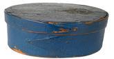 K144 Fantastic mid-19th century New England original blue painted oval pantry box. Steamed and bentwood oval form construction tacked opposing finger-laps secured to the top and bottom with tiny tacks and wooden pegs. The bottom’s interior retains an old grungy white painted surface, inside the lid bears natural patina surface. Illegible writing in pencil on bottom of box. Measurements: 6” x 4 ¼” oval x 2" tall
