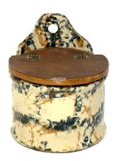 CM6 Spongeware Salt glazed Salt Crock / Storage Container featuring teal and tan colored sponge decoration on an ivory-colored background with attached hinged wooden lid. It can be hung on the wall via the hole in the top or stand freely on a flat surface. No chips or cracks. Slight crackling to surface indicative of age. Measurements: ~5 ½ deep x ~5 ¼ diameter x 4 tall (front) x 6 tall (back).