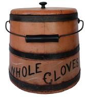 B446 19th century Bucket with the original salmon paint, with the words Whole Cloves in black paint with mustard decoration Stave construction, with metal bands and bale swing handle. 13 1/2" tall