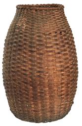 F48 Late 19th century Feather Basket Round top with single wrapped rim , tapering down to a swelling to the bulbous body. to the round base with pushed-up bottom. Beautiful old natural patina, great condition measurements are: 26" tall x 14" diameter