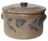 D135 Baltimore Cobalt-Decorated Stoneware Cake Crock with Lid, circa 1870, cylindrical crock with heavily-tooled shoulder, ribbed lug handles, cobalt decorating both sides..