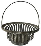 **SOLD** F197 Late 19th century Tin basket with handle - gracefully bent slats of tin form the basket and it is accented with wonderful crimped tin decorative bands! Measurements: 10" tall with handle and basket portion is 4 1/2" tall and 9 1/4" diameter.