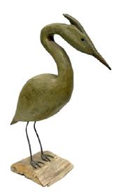 M232 Hand carved Heron Decoy signed C.H. Colby of Maine with glass eyes and original surface, mounted on a great piece of sturdy driftwood. Circa 20th century. Evidence of a few glue repairs, otherwise in good condition. Nice display of American Folk Art. Approximate measurements: ~14 ¼ long x 3 wide x 16 ¾ tall overall. (Base measures ~4 ¾ wide x 5 ½ deep x 1 ¼ tall)