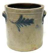M225 19th century Pennsylvania cobalt blue decorated salt glazed stoneware Butter Crock attributed to Remmey (Philadelphia). Nice, small size with applied lug handles. Hand brushed cobalt leaves decorate front and back with the handles on each side also swathed in cobalt blue.