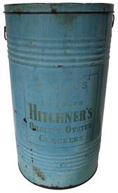 D95 Early 20th century adversting tin for HITCHNER Quality Oyster Crackers, This blue colored metal can is 27” tall and 15” across with 2 wire bail handles and a pry off lid