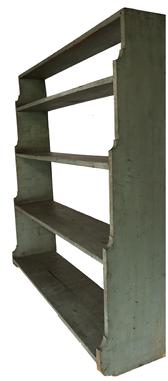 E3 19th centuryPennsylvania Wall Shelf in the original blue/ green paint, with a dovetailed case , shapd ends with graduated Shelves mortised Pennsylvania origin circa 1820- 1840 Measurements are 11" deep x 47 1/2" wide x 46 1/4" tall