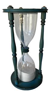 RM1085 Original Blue painted oversized Hourglass, blown glass with sand running approximately one hour encased in a wood base and top with three spindles. Circa 1940. Measurements: 23 1/4” tall x 11 1/4” diameter