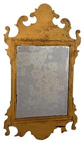 L59 19th century beautiful Chippendale looking glass retaining original mirrored glass with good silvering and old mustard painted surface. Signed Dr. Briggs 1898 in graphite on back board. Overall measurements: 11 ½ wide x ¾ thick x 19 ¾ tall (Mirror measures 8 ¼ wide x 10 ¾ tall). 